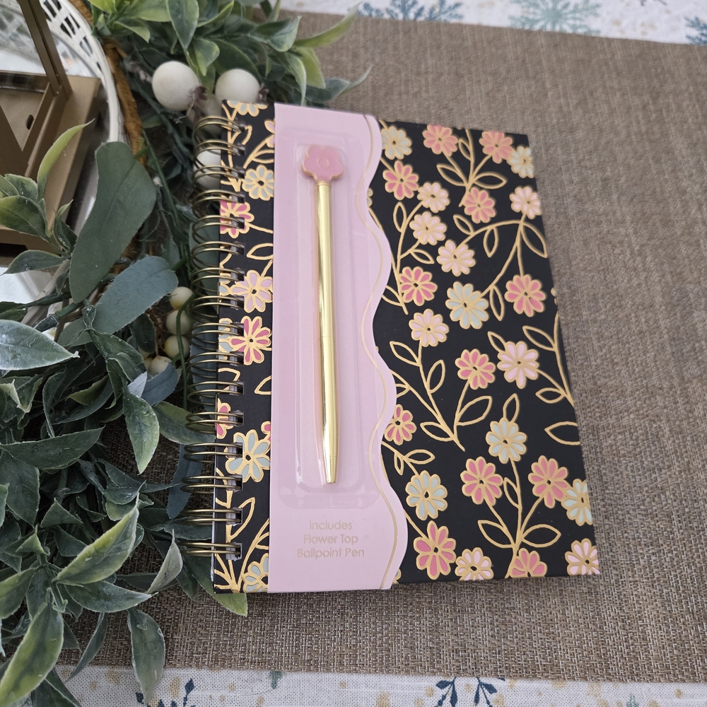 Chic Black and Gold Floral Notebook with Pink Pen